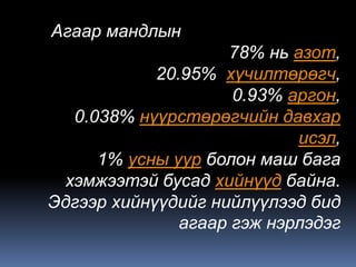 Агаар мандлын
                    78% нь азот,
            20.95% хүчилтөрөгч,
                     0.93% аргон,
  0.038% нүүрстөрөгчийн давхар
                            исэл,
     1% усны уур болон маш бага
 хэмжээтэй бусад хийнүүд байна.
Эдгээр хийнүүдийг нийлүүлээд бид
               агаар гэж нэрлэдэг
 