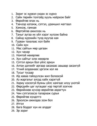 1. Зориг эс хүрвэл ухаан эс хүрнэ
2. Сайн төрийн толгойд хууль ноѐрхож байг
3. Өөрийгөө ялах нь
4. Тэвчээр хатамж, сэтгэл, урамшил магтаал
5. Хэмнэж, гамная
6. Өөртэйгөө ажиллах нь
7. Таныг аугаа их үйл хэрэг хүлээж байна
8. Сайнд хүрэхийн тулд муугаа хая
9. Гурван тахалаас хол байя
10. Сайн хүн
11. Мөс сайтын мөр цагаан
12. Хүн чанар
13. Номтой нөхөрлөе
14. Хүн сайтыг олж нөхөрлө
15. Сэтгэл ариун бол үйлс ариун
16. Алтан дэлхийг аргаар засахаас аашаар засахгүй
17. Үгний алдаанаас үргэлж хол яв
18. Тусыг тусаар
19. Ид хаваа гайхуулсан жил болоосой
20. Аз жаргалыг алсад хайх хэрэггүй
21. Хариу нэхээгүй буяны үйлс хамгаас илүү үнэтэй
22. Өөрсдийн цаг хугацааг нэр төртэй эзэгнэе
23. Өөрийнхөө хүчээр өөрийгөө аврагтун
24. Чин сэтгэлээсээ талархаж суръя
25. Өөрийгөө хүндэтгэ
26. Эрхэлсэн ажилдаа эзэн бол
27. Итгэл
28. Бага боддог хүн их алддаг
29. Эр зориг
 
