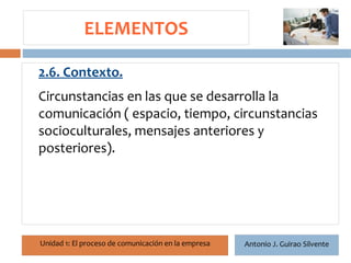 ELEMENTOS

2.6. Contexto.
Circunstancias en las que se desarrolla la
 12

comunicación ( espacio, tiempo, circunstancias
socioculturales, mensajes anteriores y
posteriores).




Unidad 1: El proceso de comunicación en la empresa   Antonio J. Guirao Silvente
 
