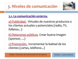 3. Niveles de comunicación

3.1. La comunicación externa.
a) Publicidad. Virtudes de nuestros productos a
 16

los clientes actuales y potenciales (radio, TV,
folletos...)
b) Relaciones públicas. Crear buena imagen
(sponsor, ...)
c) Promoción. Incrementar la lealtad de los
clientes (cartas, teléfono...)
Unidad 1: El proceso de comunicación en la empresa   Antonio J. Guirao Silvente
 