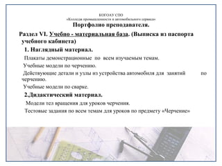 КОГОАУ СПО «Колледж промышленности и автомобильного сервиса» Портфолио преподавателя. Раздел  VI .  Учебно - материальная база . (Выписка из паспорта  учебного кабинета) 1. Наглядный материал.   Плакаты демонстрационные  по  всем изучаемым темам. Учебные модели по черчению. Действующие детали и узлы из устройства автомобиля для  занятий  по черчению. Учебные модели по сварке. 2.Дидактический материал. Модели тел вращения для уроков черчения. Тестовые задания по всем темам для уроков по предмету «Черчение» 