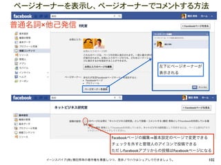 ページオーナーを表示し、ページオーナーでコメントする方法

普通名詞×他己発信




                                           左下にページオーナーが
                                           表示される




                          Facebookページの編集 基本設定のページで変更できる
                          チェックを外すと管理人のアイコンで投稿できる
                          ただしFacebookアプリからの投稿はFacebookページになる

    イーンスパイア(株) 横田秀珠の著作権を尊重しつつ、是非ノウハウはシェアして行きましょう。         102
 