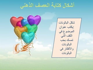 ‫شكل البالونات‬
‫:يكتب عنوان‬
‫الموضوع في‬
 ‫الكف التي‬
 ‫تمسك بحب‬
  ‫البالونات‬
 ‫واألفكار في‬
  ‫البالونات‬
 