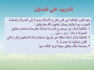 ‫وفيه تكون الطالبة هي التي تطرح األسئلة وصوال إلى المعرفة والمعلمة‬
                       ‫تتجاوب مع أسئلتها ويمكن تطبيق ذلك بطريقتين :‬
    ‫1. الطالبة تسأل عن موضوع الدراسة بأسئلة مفتوحة باستخدام مفاتيح‬
                                        ‫المعرفة ( ماذا – من – متى ....‬
‫2. الطالبة تسأل أسئلة مغلقة عن طريق استخدام أداة االستفهام (هل ) التي‬
                                             ‫تكون إجابتها إما بنعم أو ال‬
                             ‫3. مضمنة بذلك حقائق معينة تريد التأكد منها‬
 