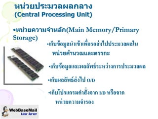 หน่วยประมวลผลกลาง
(Central Processing Unit)

•หน่วยความจาหล ัก(Main Memory/Primary
Storage)
           •เก็บข้ อมูลนาเข้ าเพือรอส่ งไปประมวลผลใน
                                 ่
              หน่วยคานวณและตรรกะ
           •เก็บข้ อมูลและผลลัพธ์ ระหว่ างการประมวลผล
           •เก็บผลลัพธ์ ส่งไป O/D
           •เก็บโปรแกรมคาสั่ งจาก I/D หรือจาก
               หน่ วยความจารอง
 