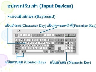 อุปกรณ์ร ับเข้า (Input Devices)

 •แผงแปนอ ักขระ(Keyboard)
       ้

แปนอักขระ(Character Key) แปนกาหนดหน้าที่(Function Key)
  ้                        ้
                                                                                                                                                   Print    Scroll           Num        Caps          Scroll
      Esc                 F1         F2       F3       F4           F5       F6       F7       F8           F9           F10   F11          F12    Screen   Lock
                                                                                                                                                                     Pause   Lock       Lock          Lock




      ~           !       @          #        $        %        ^        &        *        (        )                    +                                                   Num
                                                                                                                                   Backspace       Insert   Home     Page
                                                                                                                                                                             Lock
                                                                                                                                                                                    /          *
      `           1       2          3        4        5        6        7        8        9        0                    =                                           Up


      Tab             Q        W          E        R        T       Y        U        I        O        P        {                 }    |          Delete   End      Page    7      8          9
                                                                                                                     [         ]                                    Down    Home              PgUp
                                                                                                                                                                                                          +
      Caps                A          S        D        F        G        H        J        K        L       :            "                                                   4      5          6
                                                                                                                                       Enter
      Lock                                                                                                  ;            '

          Shift                Z          X        C        V       B        N        M        <        >        ?             Shift                                         1      2          3
                                                                                               ,        .        /                                                           End               PgDn
                                                                                                                                                                                                          Enter

                                                                                                                                                                             0                 .
      Ctrl                     Alt                                                                                   Alt                    Ctrl
                                                                                                                                                                             Ins               Del




แปนควบคุม (Control Key) แปนตัวเลข (Numeric Key)
  ้                       ้
 