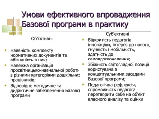 Умови ефективного впровадження Базової програми в практику Об'єктивні  Наявність комплекту нормативних документів та обізнаність в них; Належна організація просвітницько-навчальної роботи з різними категоріями дошкільних працівників; Відповідне методичне та дидактичне забезпечення Базової програми  Суб'єктивні  Відкритість педагогів інноваціям, інтерес до нового, гнучкість і мобільність, здатність до самовдосконалення; Збіжність світоглядної позиції користувача з концептуальними засадами Базової програми; Педагогічна рефлексія, спроможність педагога перетворити себе на об'єкт власного аналізу та оцінки 