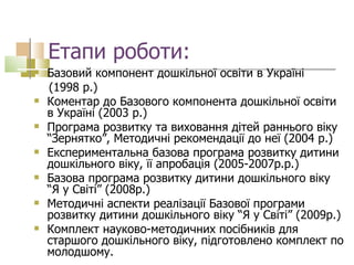 Етапи роботи: Базовий компонент дошкільної освіти в Україні  (1998 р.) Коментар до Базового компонента дошкільної освіти в Україні (2003 р.)  Програма розвитку та виховання дітей раннього віку “Зернятко”, Методичні рекомендації до неї (2004 р.) Експериментальна базова програма розвитку дитини дошкільного віку, її апробація (2005-2007р . р.) Базова програма розвитку дитини дошкільного віку “Я у Світі” (2008р.)  Методичні аспекти реалізації Базової програми розвитку дитини дошкільного віку “Я у Світі” (2009р.) Комплект науково-методичних посібників для старшого дошкільного віку, підготовлено комплект по молодшому.  