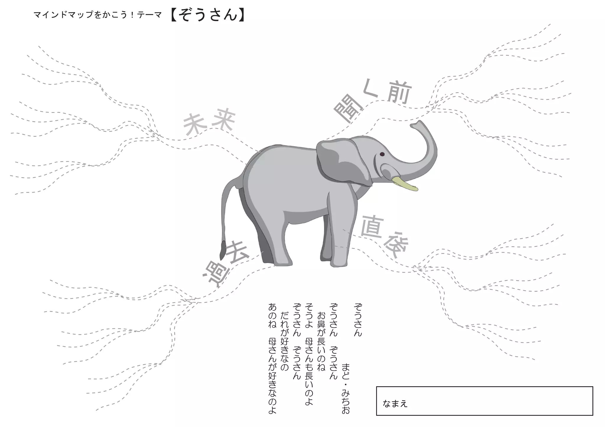 マインドマップをかこう！テーマ【ぞうさん】




                                                                          く前
                      来




                                                      聞
                  未


                                                                          直




                                                                          後
                      去
                  過


                                   　                  　             　
                          あ            ぞ     そ            ぞ         　 ぞ
                          の    だ       う     う    お       う         　 う
                          ね 　 れ        さ     よ 　 鼻        さ         　 さ
                               が       ん 　        が       ん 　       　 ん
                          母    好             母    長                 　
                          さ    き       ぞ     さ    い       ぞ         　
                          ん    な       う     ん    の       う
                          が    の       さ     も    ね       さ     ま
                          好            ん     長            ん     ど
                          き                  い                  ・
                          な                  の                  み
                          の                  よ                  ち
                          よ                                     お         なまえ
 