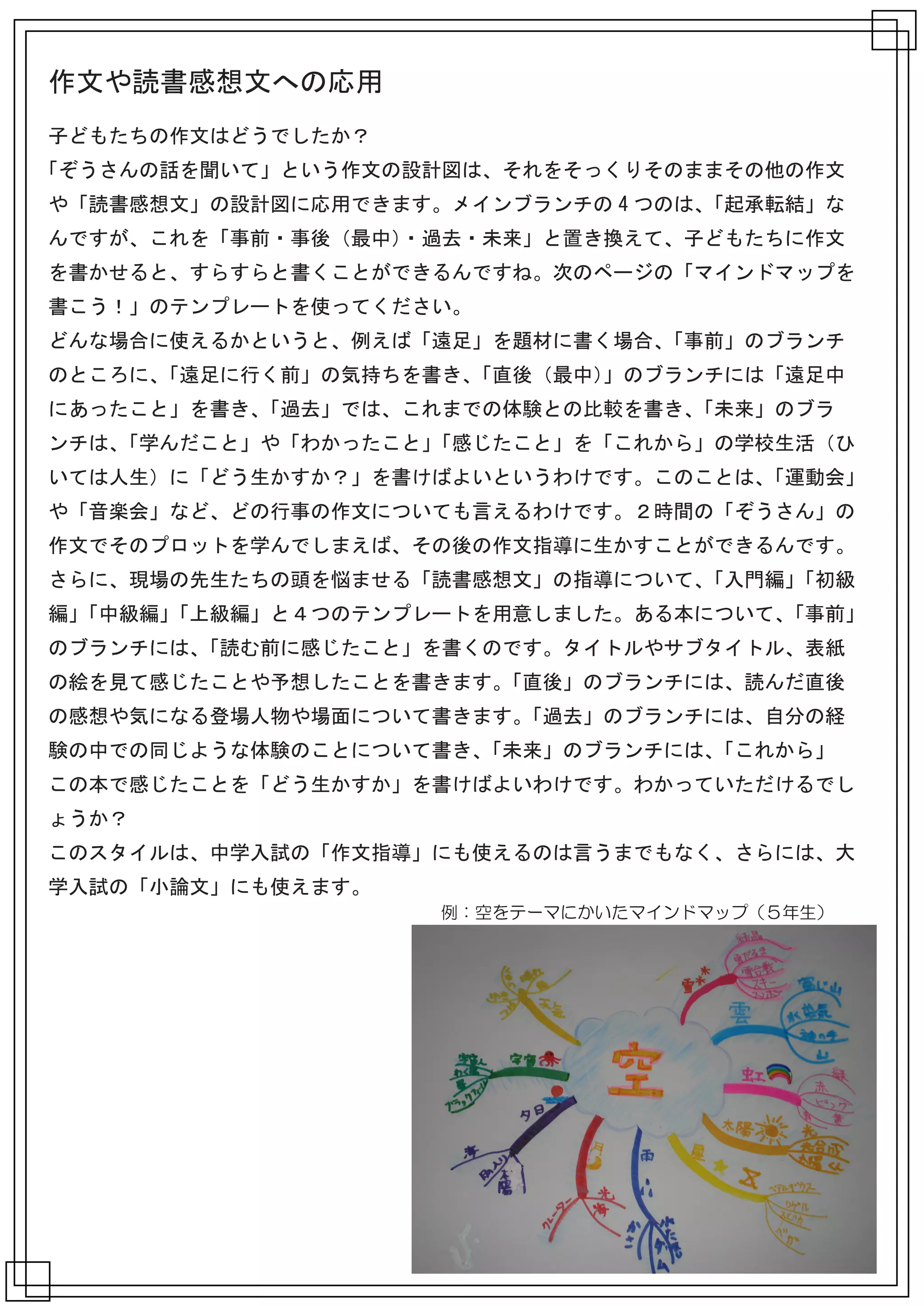 作文や読書感想文への応用
子どもたちの作文はどうでしたか？
「ぞうさんの話を聞いて」という作文の設計図は、それをそっくりそのままその他の作文
や「読書感想文」の設計図に応用できます。メインブランチの 4 つのは、「起承転結」な
んですが、これを「事前・事後（最中）・過去・未来」と置き換えて、子どもたちに作文
を書かせると、すらすらと書くことができるんですね。次のページの「マインドマップを
書こう！」のテンプレートを使ってください。
どんな場合に使えるかというと、例えば「遠足」を題材に書く場合、「事前」のブランチ
のところに、「遠足に行く前」の気持ちを書き、「直後（最中）」のブランチには「遠足中
にあったこと」を書き、「過去」では、これまでの体験との比較を書き、「未来」のブラ
ンチは、「学んだこと」や「わかったこと」「感じたこと」を「これから」の学校生活（ひ
いては人生）に「どう生かすか？」を書けばよいというわけです。このことは、「運動会」
や「音楽会」など、どの行事の作文についても言えるわけです。２時間の「ぞうさん」の
作文でそのプロットを学んでしまえば、その後の作文指導に生かすことができるんです。
さらに、現場の先生たちの頭を悩ませる「読書感想文」の指導について、「入門編」「初級
編」「中級編」「上級編」と４つのテンプレートを用意しました。ある本について、「事前」
のブランチには、「読む前に感じたこと」を書くのです。タイトルやサブタイトル、表紙
の絵を見て感じたことや予想したことを書きます。「直後」のブランチには、読んだ直後
の感想や気になる登場人物や場面について書きます。「過去」のブランチには、自分の経
験の中での同じような体験のことについて書き、「未来」のブランチには、「これから」
この本で感じたことを「どう生かすか」を書けばよいわけです。わかっていただけるでし
ょうか？
このスタイルは、中学入試の「作文指導」にも使えるのは言うまでもなく、さらには、大
学入試の「小論文」にも使えます。
                    例：空をテーマにかいたマインドマップ（５年生）
 