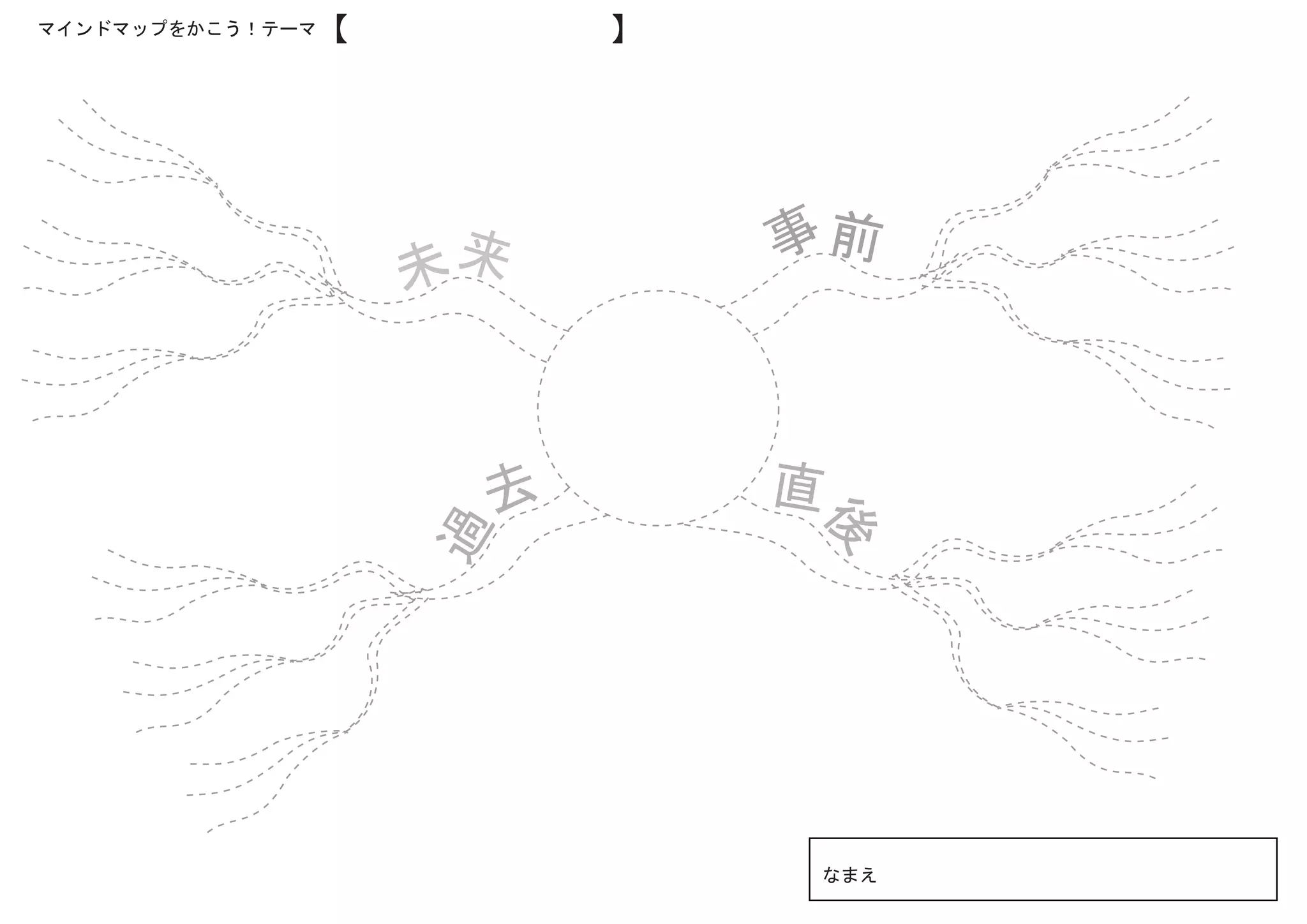 マインドマップをかこう！テーマ【　　　　　　　　】




                      来         事前
                  未




                            　
                      去         直




                                後
                  過




                                なまえ
 