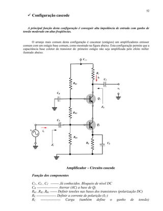 52
   ü Configuração cascode


    A principal função desta configuração é conseguir alta impedância de entrada com ganho de
tensão moderado em altas freqüências.


        O arranjo mais comum desta configuração é cascatear (estágios) um amplificadores emissor
comum com um estágio base comum, como mostrado na figura abaixo. Esta configuração permite que a
capacitância base coletor do transistor do primeiro estágio não seja amplificada pelo efeito miller
ilustrado abaixo.

                                              V CC




                                                         RC
                                                          i0
                                                                CC
                                       RB1
                                                                          v0
                           CB

                                                          Q2


                                                               Z0

                                       R B2

                           CS
                                                         Q1
     ve        ie

                                       RB3

                                                 RE                  CE
                      Zi




                                 Amplificador – Circuito cascode

      Função dos componentes

      CS , CE , CC ------- Já conhecidos. Bloqueio de nível DC
      CB ------------------ Aterrar (AC) a base de Q2
      RB1 ,RB2 ,RB3 ------ Definir tensões nas bases dos transistores (polarização DC)
      RE ----------------- Definir a corrente de polarição (IC )
      RC ----------------- Carga (também define o ganho de tensão)
 