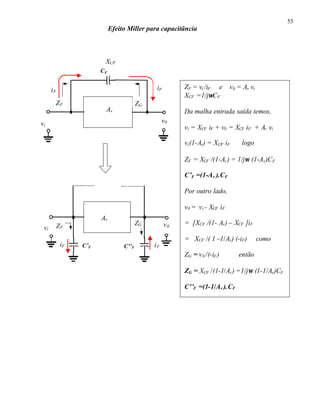 53
                            Efeito Miller para capacitância



                        XCF
                       CF


      iF                                      iF        ZF = vi /iF e       v 0 = Av vi
                                                        XCF =1/jωCF
       ZF                               ZG
                        Av                              Da malha entrada saída temos,
vi                                                v0
                                                        vi = XCF iF + v0 = XCF iF + Av vi

                                                        vi (1-Av) = XCF iF       logo

                                                        ZF = XCF /(1-Av ) = 1/jω (1-Av )CF

                                                        C’F =(1-Av ).CF

                                                        Por outro lado,

                                                        v0 = v i - XCF iF
                       Av
           ZF                           ZG         v0   = [XCF /(1- Av ) – XCF ]iF
 vi
                                                        = XCF /( 1 –1/Av ) (-iF)          como
            iF   C’F             C’’F        iF
                                                        ZG = v 0 /(-iF )        então

                                                        ZG = XCF /(1-1/Av ) =1/jω (1-1/Av )CF

                                                        C’’F =(1-1/Av ).CF
 