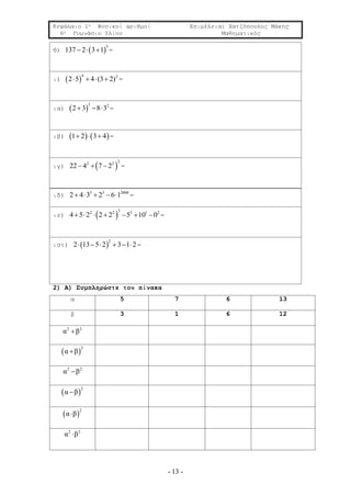 Κεφάλαιο 1ο Φυσικοί αριθμοί Επιμέλεια: Χατζόπουλος Μάκης
6ο Γυμνάσιο Ιλίου Μαθηματικός
- 13 -
θ)  
3
137 2 3 1   =
ι)  
4 2
2 5 4 (3 2)    =
ια)  
3 2
2 3 8 3   =
ιβ)    1 2 3 4   =
ιγ)  
22 2
22 4 7 2   =
ιδ) 3 3 2008
2 4 3 2 6 1     =
ιε)  
32 2 3 1 2
4 5 2 2 2 5 10 0       =
ιστ)  
2
2 13 5 2 3 1 2      =
2) Α) Συμπληρώστε τον πίνακα
α 5 7 6 13
β 3 1 6 12
2 2
α β
 
2
α β
2 2
α β
 
2
α β
 
2
α β
2 2
α β
 