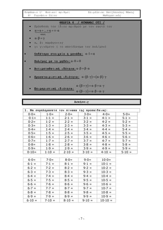 Κεφάλαιο 1ο Φυσικοί αριθμοί Επιμέλεια: Χατζόπουλος Μάκης
6ο Γυμνάσιο Ιλίου Μαθηματικός
- 7 -
ΘΕΩΡΙΑ 6 / ΘΥΜΑΜΑΙ ΟΤΙ /
 Πρόσθεση του ίδιου αριθμού με τον εαυτό του

ν ορές
α α ... α ν α

    
 α β γ 
 α, β: παράγοντες
 γ: γινόμενο ( το αποτέλεσμα του πολ/μου)
 Ουδέτερο στοιχείο η μονάδα: α 1 α 
 Πολ/μος με το μηδέν:α 0 0 
 Αντιμεταθετική ιδότητα: α β β α  
 Προσεταιριστική ιδιότητα:    α β γ α β γ    
 Επιμεριστική ιδιότητα:
 
 
α β γ α β α γ
α β γ α β α γ
     
     
Ασκήσεις
1. Να συμπληρώσετε τον πίνακα της προπαίδειας:
0·0= 1·0= 2·0= 3·0= 4·0= 5·0=
0·1= 1·1 = 2·1 = 3·1 = 4·1 = 5·1 =
0·2= 1·2 = 2·2 = 3·2 = 4·2 = 5·2 =
0·3= 1·3 = 2·3 = 3·3 = 4·3 = 5·3 =
0·4= 1·4 = 2·4 = 3·4 = 4·4 = 5·4 =
0·5= 1·5 = 2·5 = 3·5 = 4·5 = 5·5 =
0·6= 1·6 = 2·6 = 3·6 = 4·6 = 5·6 =
0·7= 1·7 = 2·7 = 3·7 = 4·7 = 5·7 =
0·8= 1·8 = 2·8 = 3·8 = 4·8 = 5·8 =
0·9= 1·9 = 2·9 = 3·9 = 4·9 = 5·9 =
0·10= 1·10 = 2·10 = 3·10 = 4·10 = 5·10 =
6·0= 7·0= 8·0= 9·0= 10·0=
6·1 = 7·1 = 8·1 = 9·1 = 10·1 =
6·2 = 7·2 = 8·2 = 9·2 = 10·2 =
6·3 = 7·3 = 8·3 = 9·3 = 10·3 =
6·4 = 7·4 = 8·4 = 9·4 = 10·4 =
6·5 = 7·5 = 8·5 = 9·5 = 10·5 =
6·6 = 7·6 = 8·6 = 9·6 = 10·6 =
6·7 = 7·7 = 8·7 = 9·7 = 10·7 =
6·8 = 7·8 = 8·8 = 9·8 = 10·8 =
6·9 = 7·9 = 8·9 = 9·9 = 10·9 =
6·10 = 7·10 = 8·10 = 9·10 = 10·10 =
 