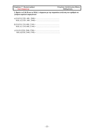 Κεφάλαιο 1ο
Φυσικοί αριθμοί Επιμέλεια: Χατζόπουλος Μάκης
lisari.blogspot.gr Μαθηματικός
- 22 -
2. Βρείτε το Ε.Κ.Π και το Μ.Κ.Δ σύμφωνα με την παραπάνω ανάλυση των αριθμών σε
γινόμενο πρώτων παραγόντων
α) Ε.Κ.Π (2.520 , 600 , 2940) = …………………………………
Μ.Κ.Δ (2.520 , 600 , 2940) = …………………………………
β) Ε.Κ.Π (1.210, 600, 2.344) = ………………………………….
Μ.Κ.Δ (1.210, 600, 2.344) = ………………………………….
γ) Ε.Κ.Π (2520, 2940, 3790) = …………………………………..
Μ.Κ.Δ(2520, 2940, 3790) = …………………………………..
 