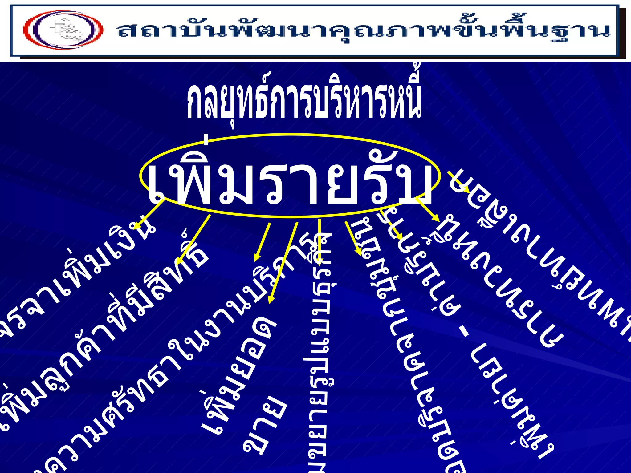 กลยุทธ์การบริหารหนี้ เพิ่มรายรับ เจรจาเพิ่มเงิน เพิ่มลูกค้าที่มีสิทธิ์ สร้างความศรัทธาในงานบริการ เพิ่มยอดขาย เพิ่มขยายรูปแบบธุรกิจ ยอดบริจาคจากชุมชน เพิ่มค่ายา  -   ค่าบริการ การทวงหนี้ แพทย์ทางเลือก 