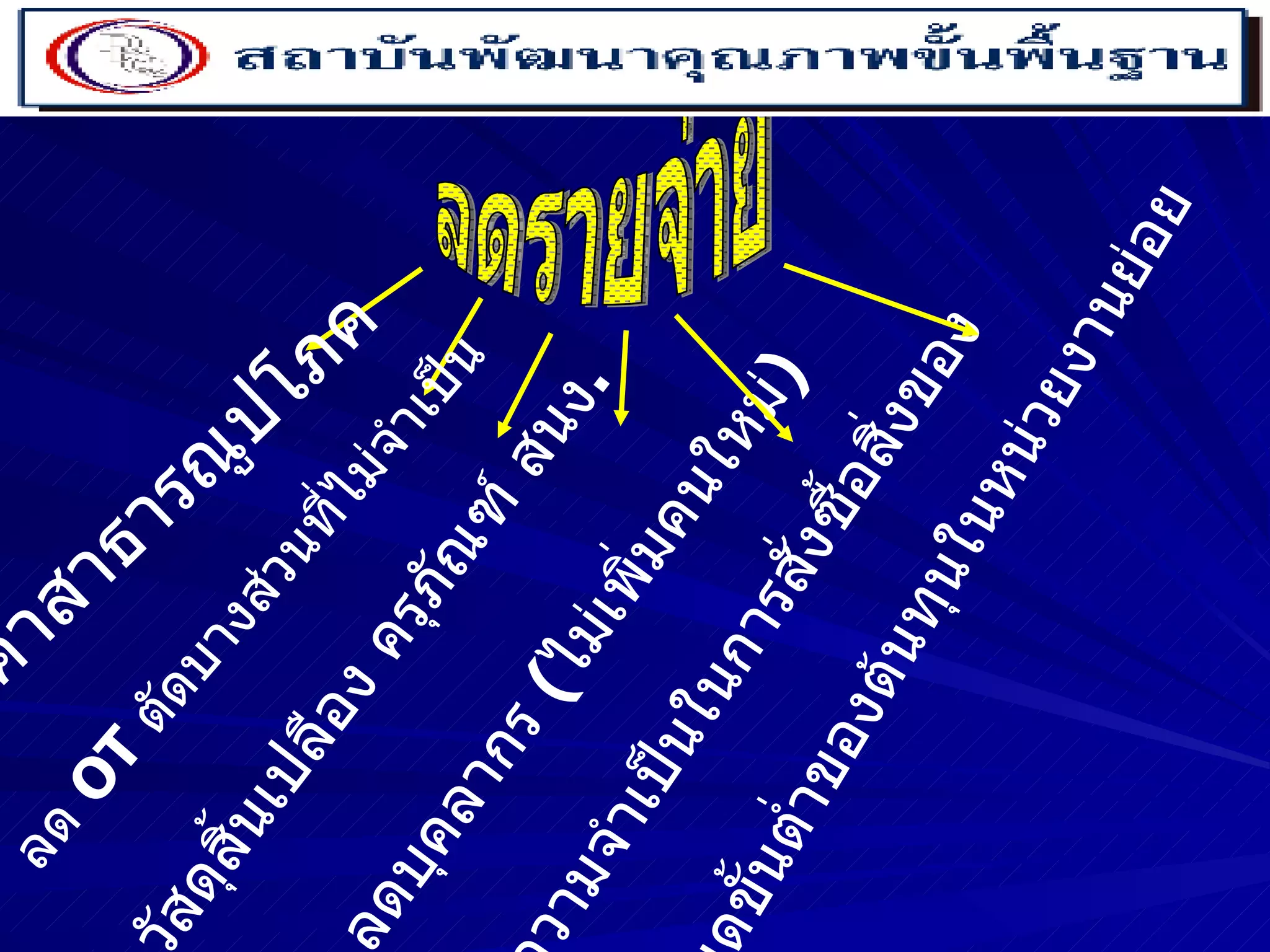 ลดรายจ่าย ค่าสาธารณูปโภค ลด  OT  ตัดบางส่วนที่ไม่จำเป็น วัสดุสิ้นเปลือง ครุภัณฑ์ สนง . ลดบุคลากร  ( ไม่เพิ่มคนใหม่ ) ลดความจำเป็นในการสั่งซื้อสิ่งของ กำหนดขั้นต่ำของต้นทุนในหน่วยงานย่อย 