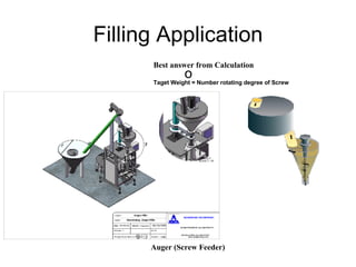 Filling Application o Auger (Screw Feeder) Best answer from Calculation Taget Weight = Number rotating degree of Screw 