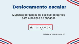 Deslocamento escalar
Mudança de espaço da posição de partida
para a posição de chegada
∆𝑠 = 𝑠𝑓 − 𝑠0
Unidade de medida: metros (m)
 