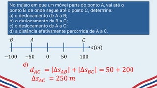 No trajeto em que um móvel parte do ponto A, vai até o
ponto B, de onde segue até o ponto C, determine:
a) o deslocamento de A a B;
b) o deslocamento de B a C;
c) o deslocamento de A a C;
d) a distância efetivamente percorrida de A a C.
−50 50
0
−100 100
𝑠(𝑚)
𝐵 𝐴 𝐶
𝑑𝐴𝐶 = ∆𝑠𝐴𝐵 + ∆𝑠𝐵𝐶 = 50 + 200
∆𝑠𝐴𝐶 = 250 𝑚
d)
 