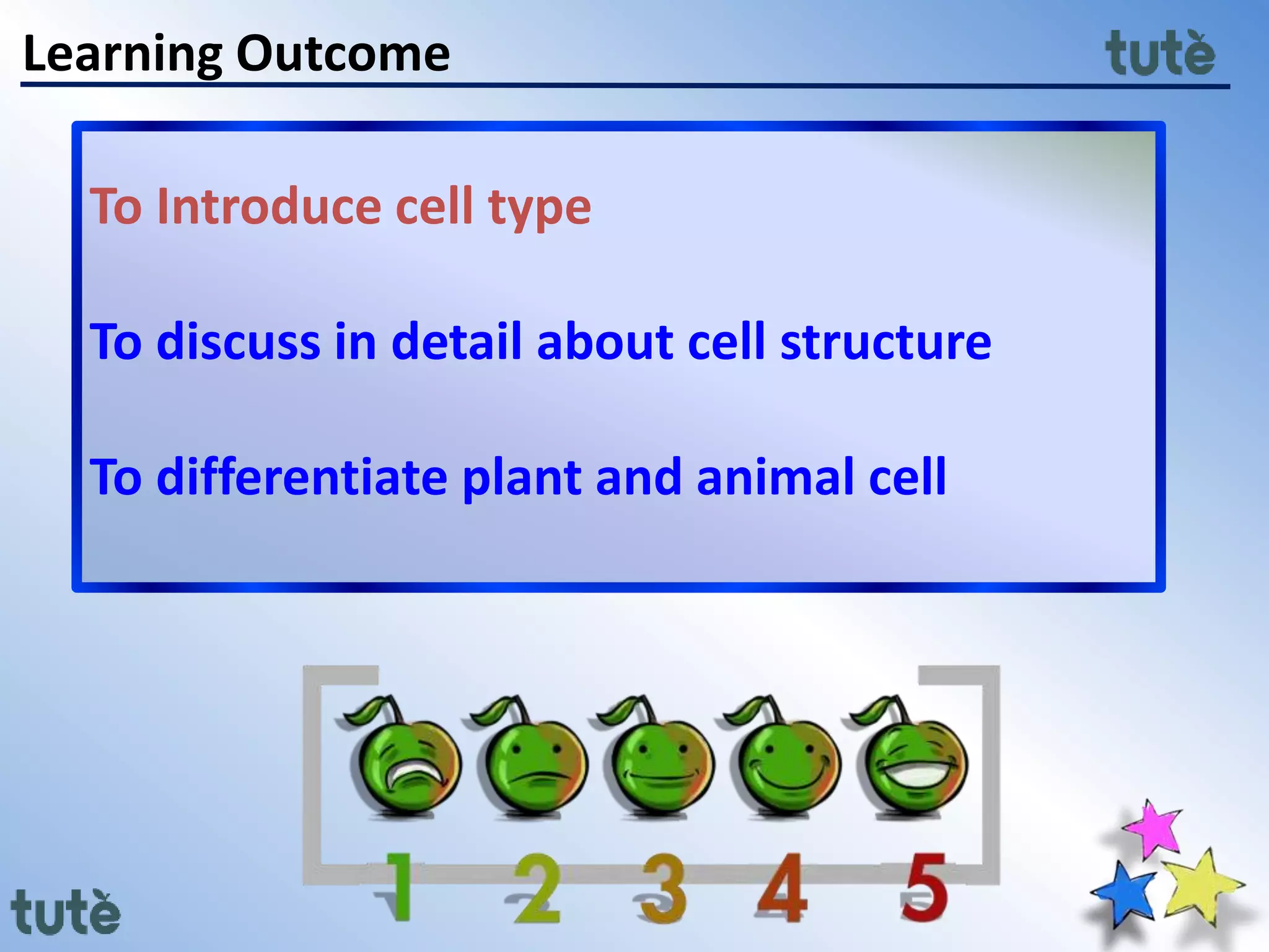 Learning Outcome
To Introduce cell type
To discuss in detail about cell structure
To differentiate plant and animal cell
 