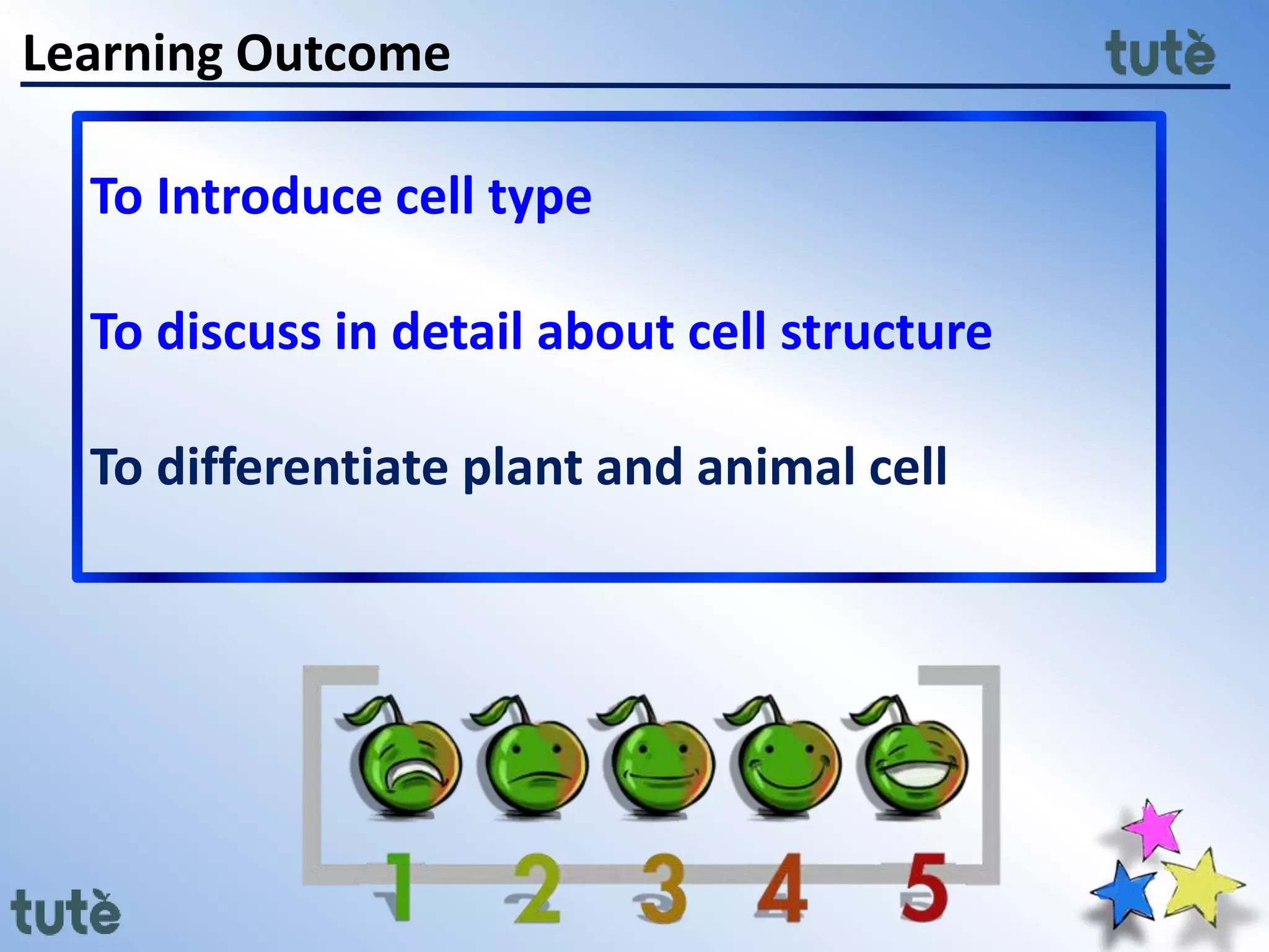 Learning Outcome
To Introduce cell type
To discuss in detail about cell structure
To differentiate plant and animal cell
 