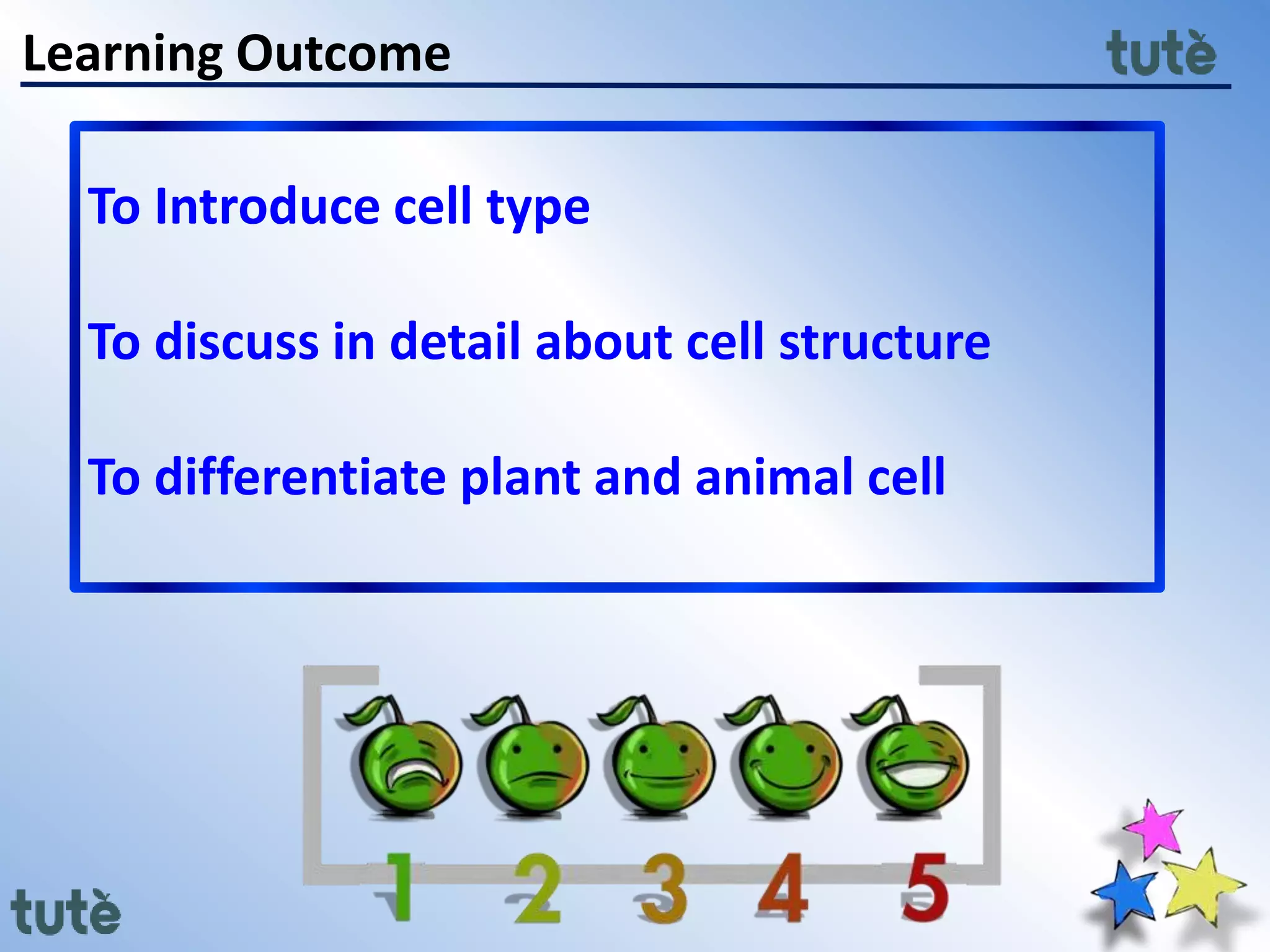 Learning Outcome
To Introduce cell type
To discuss in detail about cell structure
To differentiate plant and animal cell
 