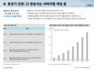 미디어
2014 하반기 산업전망/유망종목 22
자료: 언론 종합, KDB대우증권 리서치센터
중국 온라인 비디오 시장 성장으로 한국 드라마 유통량/단가 증진VOD 단가 인상 지속
자료: China Internet Watch, KDB대우증권 리서치센터
콘텐츠로 정면 승부!
: 2차 유통 단가 인상
 VOD 및 수출가 증진
•방송사의 국내 VOD 유통 단가 인상 2010년부터 지속
•유료방송 가입자 시장 포화 수준 도달, 반면 디지털 전환은 아직 진행 중
•유료방송 플랫폼 사업자와 콘텐츠 공급자 모두 부가 매출 증진하고 싶어하는 시기
•수출의 경우 일본은 단가 하락 압력이 있으나, 중국 온라인 전송권 시장은 단가 상승 추세
III. 중장기 전망: 2) 방송사는 서바이벌 게임 중
연도 내용
2010 지상파 HD화질 VOD 건당 가격 500원에서 1,000원으로 인상
2011 지상파 SD화질 VOD 건당 가격 500원에서 700원으로 인상
2013
8월 지상파 VOD 유료시청 기간 1주에서 3주로 연장,
건당 가격 및 월정액 가격 30% 인상
2014
3월 모바일 IPTV에서 지상파 VOD 건당 가격 300원 인상,
유료시청 기간 본방 후 3주로 연장 0
10
20
30
40
10 11 12 13 14F 15F 16F 17F
중국 온라인 비디오 시장 규모
(십억CNY)
 
