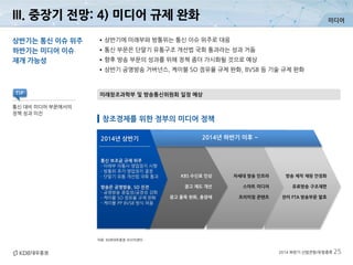 미디어
2014 하반기 산업전망/유망종목 25
III. 중장기 전망: 4) 미디어 규제 완화
자료: KDB대우증권 리서치센터
미래창조과학부 및 방송통신위원회 일정 예상
상반기는 통신 이슈 위주
하반기는 미디어 이슈
재개 가능성
•상반기에 미래부와 방통위는 통신 이슈 위주로 대응
•통신 부문은 단말기 유통구조 개선법 국회 통과라는 성과 거둠
•향후 방송 부문의 성과를 위해 정책 좀더 가시화될 것으로 예상
•상반기 공영방송 거버넌스, 케이블 SO 점유율 규제 완화, 8VSB 등 기술 규제 완화
통신 대비 미디어 부문에서의
정책 성과 미진
TIP
방송 제작 재원 안정화
유료방송 구조재편
한미 FTA 방송부문 발효
차세대 방송 인프라
스마트 미디어
프리미엄 콘텐츠
KBS 수신료 인상
광고 제도 개선
광고 품목 완화, 총량제
2014년 하반기 이후 ~2014년 상반기
통신 보조금 규제 위주
- 미래부 이통사 영업정지 시행
- 방통위 추가 영업정지 결정
- 단말기 유통 개선법 국회 통과
방송은 공영방송, SO 진전
- 공영방송 중립성/공정성 강화
- 케이블 SO 점유율 규제 완화
- 케이블 PP 8VSB 방식 허용
창조경제를 위한 정부의 미디어 정책
 