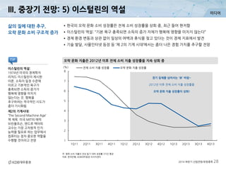 미디어
2014 하반기 산업전망/유망종목 28
경기 침체를 넘어서는 '休' 바람~
2012년 이후 전체 소비 지출 성장률을
오락 문화 지출 성장률이 상회!
주: 명목 소비 지출의 전년 동기 대비 성장률 3기간 평균
자료: 한국은행, KDB대우증권 리서치센터
오락 문화 지출은 2012년 이후 전체 소비 지출 성장률을 지속 상회 중
삶의 질에 대한 추구,
오락 문화 소비 구조적 증가
•한국의 오락 문화 소비 성장률은 전체 소비 성장률을 상회 중, 최근 들어 현저함
•이스털린의 역설: “기본 욕구 충족되면 소득의 증가 자체가 행복에 영향을 미치지 않는다”
•경제 환경 변동과 상관 없이 일상의 여백과 휴식을 찾고 있다는 것이 경제 지표에서 발견
•기술 발달, 사물인터넷 등장 등 ‘제 2의 기계 시대’에서는 좀더 나은 경험 가치를 추구할 전망
이스털린의 역설:
1974년 미국의 경제학자
리처드 이스털린이 제시한
이론. 소득이 일정 수준에
이르고 기본적인 욕구가
충족되면 소득의 증가가
행복에 영향을 미치지
않는다는 것. 행복을
추구하려는 적극적인 시도가
좀더 가시화됨
제2의 기계시대:
‘The Second Machine Age’
책 제목. 미국 MIT의 에릭
브린욜프슨, 앤드루 맥아피
교수는 가장 고차원적 인지
능력을 필요로 하는 업무에서
컴퓨터는 점차 중요한 역할을
수행할 것이라고 전망
TIP
III. 중장기 전망: 5) 이스털린의 역설
1
2
3
4
5
6
7
8
1Q11 2Q11 3Q11 4Q11 1Q12 2Q12 3Q12 4Q12 1Q13 2Q13 3Q13 4Q13
(%) 전체 소비 지출 성장률 오락 문화 지출 성장률
 