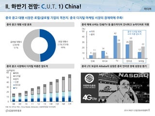 미디어
2014 하반기 산업전망/유망종목 8
중국 광고 시장에서 디지털 비중은 압도적
중국 광고 대행 시장은 로컬/글로벌 기업의 격전지; 중국 디지털 마케팅 시장의 잠재력에 주목!
중국 매체 소비는 인쇄/TV 등 올드미디어 건너뛰고 뉴미디어로 직행중국 광고 대행 시장 분포
중국 LTE 보급과 Alibaba의 상장은 중국 인터넷 경제 성장성 환기
자료: R3, KPCB, PWC, China Mobile, BidnessEtc, KDB대우증권 리서치센터
로컬 대행사
(178,373개)
49%
글로벌 대행사
(230개)
51%
6
14
42
26
1211
5
29
33
22
0
10
20
30
40
50
인쇄 라디오 TV 인터넷 모바일
(%)
미국
중국
중국 디지털 매체
소비 비중 압도적
0
10
20
30
40
50
60
08 09 10 11 12 13 14F 15F 16F 17F
(십억달러)
옥외
디지털
잡지
신문
라디오
TV
II. 하반기 전망: C.U.T. 1) China!
 