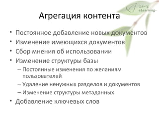Агрегация контента Постоянное добавление новых документов Изменение имеющихся документов  Сбор мнения об использовании  Изменение структуры базы  Постоянные изменения по желаниям пользователей  Удаление ненужных разделов и документов  Изменение структуры метаданных  Добавление ключевых слов 