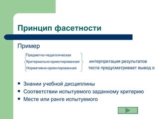 Принцип фасетности Пример Предметно-педагогическая Критериально-ориентированная  интерпретация результатов   Нормативно-ориентированная  теста предусматривает вывод о Знании учебной дисциплины Соответствии испытуемого заданному критерию Месте или ранге испытуемого 