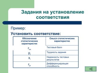 Задания на установление соответствия Пример: Установить соответствие: Дифференцирующая способность r jx Надежность тестовых результатов x i Трудность задания p j Тестовый балл r xx Смысл статистических характеристик Обозначение статистических характеристик 