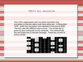 Public key encryption



One of the weaknesses point out about symmetric key
encryption is that two users must have same key . In November
1976 , public key encryption was released in the journal IEEE .
This key uses two different keys at once . The private key is
given by your coomputer to any computer . You need private
key and public key to decode message . These key consist of
prime number .
 