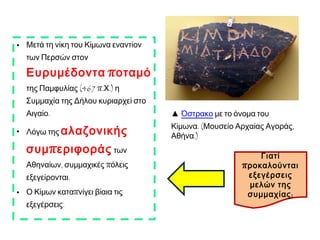 • Μετά τη νίκη του Κίμωνα εναντίον
των Περσών στον

Ευρυμέδοντα ποταμό
της Παμφυλίας (467 π.Χ.) η

Συμμαχία της Δήλου κυριαρχεί στο
Αιγαίο.
• Λόγω της αλαζονικής

συμ π εριφοράς των

Αθηναίων, συμμαχικές πόλεις
εξεγείρονται.

• Ο Κίμων καταπνίγει βίαια τις
εξεγέρσεις.

▲ Όστρακο με το όνομα του
Κίμωνα. (Μουσείο Αρχαίας Αγοράς,
Αθήνα.)
Γιατί
π ροκαλούνται
εξεγέρσεις
μελών της
συμμαχίας ;

 