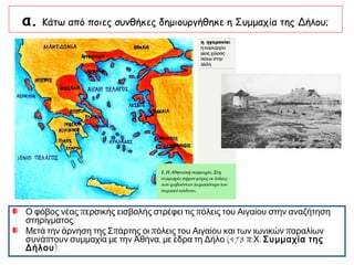 α. Κάτω από ποιες συνθήκες δημιουργήθηκε η Συμμαχία της Δήλου;

Ο φόβος νέας περσικής εισβολής στρέφει τις πόλεις του Αιγαίου στην αναζήτηση
στηρίγματος.
Μετά την άρνηση της Σπάρτης οι πόλεις του Αιγαίου και των ιωνικών παραλίων
συνάπτουν συμμαχία με την Αθήνα, με έδρα τη Δήλο (478 π.Χ. Συμμαχία της
Δήλου).

 