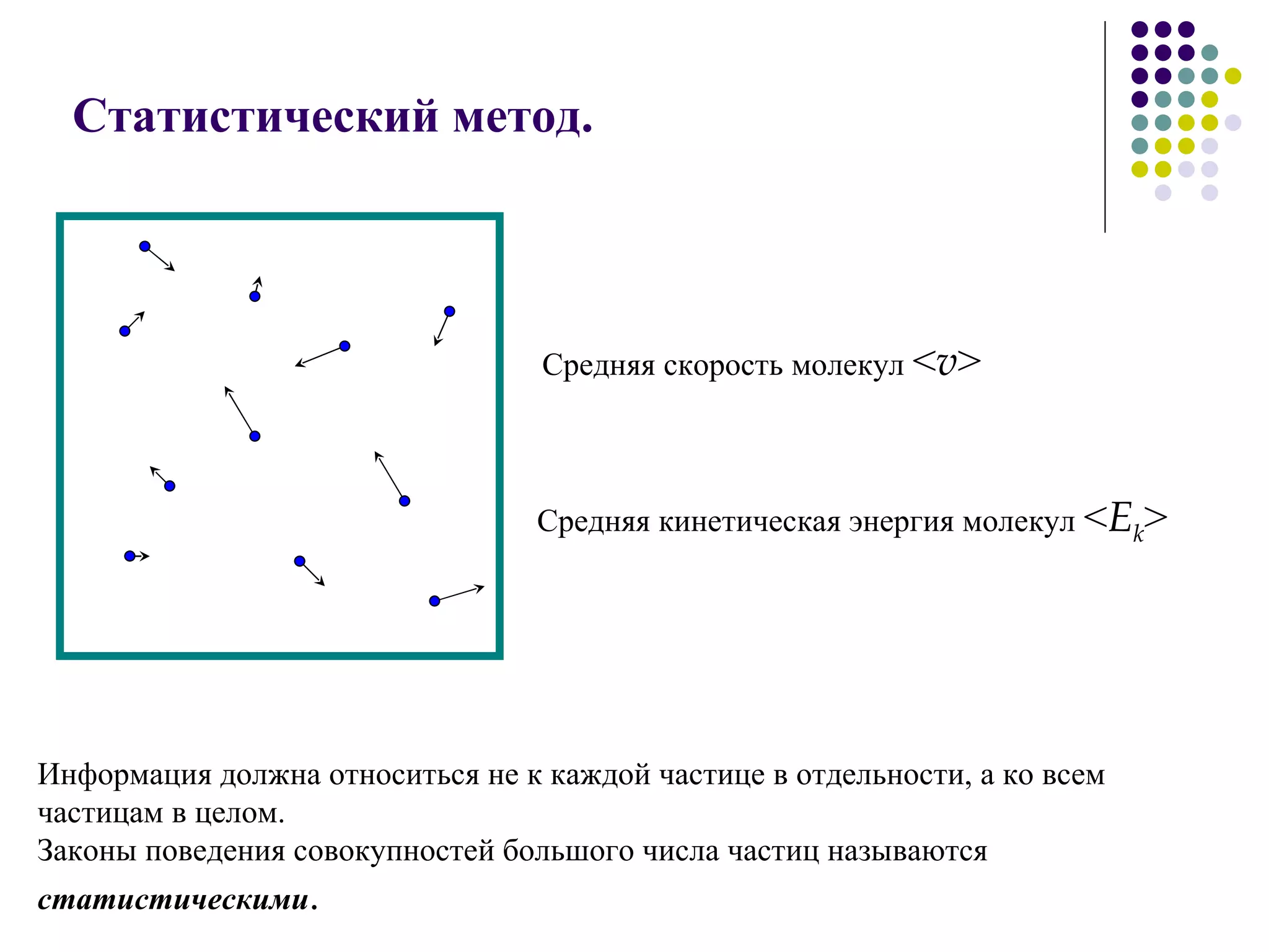 Статистический метод.   Информация должна относиться не к каждой частице в отдельности, а ко всем частицам в целом.  Законы поведения совокупностей большого числа частиц называются  статистическими . Средняя скорость молекул   < v > Средняя кинетическая энергия   молекул   < E k > 