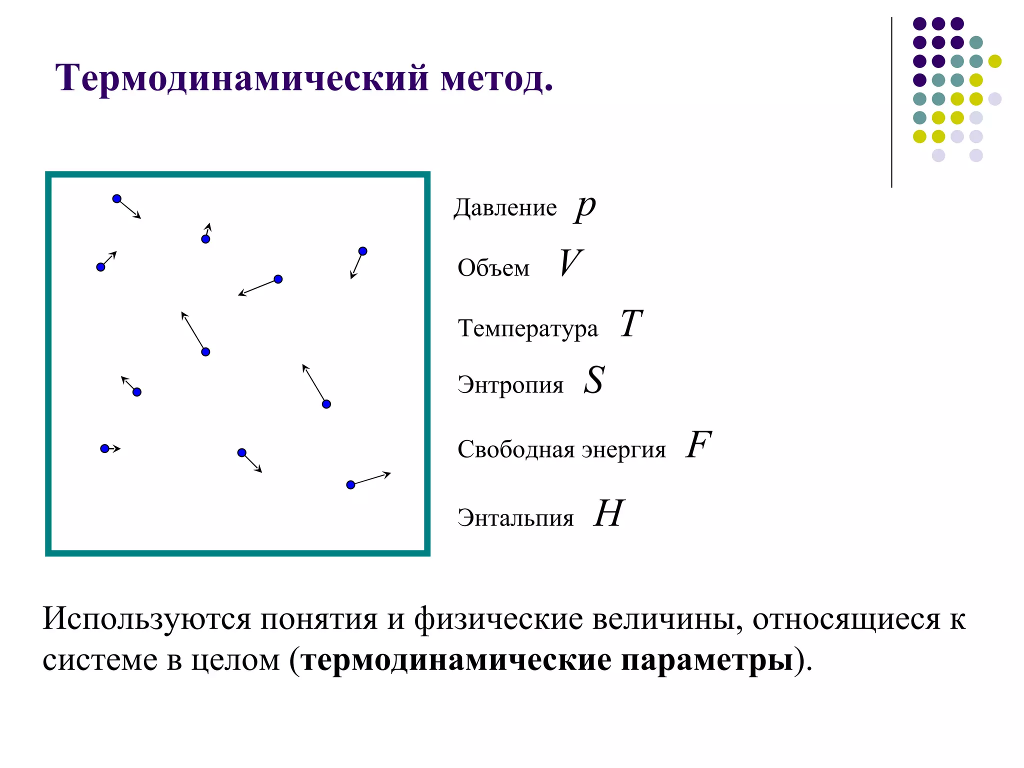 Термодинамический метод.   Используются понятия и физические величины, относящиеся к системе в целом ( термодинамические параметры ).  Давление  p Объем  V Температура   T Энтропия   S Свободная энергия   F Энтальпия   H 