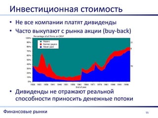 Инвестиционная стоимость
  • Не все компании платят дивиденды
  • Часто выкупают с рынка акции (buy-back)




  • Дивиденды не отражают реальной
    способности приносить денежные потоки
Финансовые рынки                              55
 