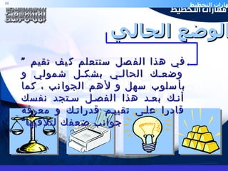 الوضع الحالي ”  في هذا الفصل ستتعلم كيف تقيم وضعك الحالي بشكل شمولي و بأسلوب سهل و لأهم الجوانب ، كما أنك بعد هذا الفصل ستجد نفسك قادرا على تقييم قدراتك و معرفة جوانب ضعفك لتلافيها“ 