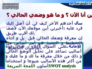 أين أنا الآن ؟ و ما هو وضعي الحالي ؟ للإجابة  على السؤال أعلاه ، هناك عدة أساليب تساعد على تحليل الوضع الحالي و ذلك من خلا ل  معرفة ما لك و ما عليك و من أكثر هذه الأساليب شيوعا و استخداما أسلوب  اللمحة السريعة  SWOT analysis سأل  أحدهم الآخر كيف لي أن أصل إليك فرد عليه  : أخبرني أين موقعك الآن لأصف لك أقرب طريق . إن معرفة وضعك الحالي قبل  بل و أثناء التخطيط و التنفيذ هو أمر أساس من أساسيات التخطيط  .  