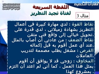 اللقطة السريعة لفتاة تجيد التطريز نقاط القوة   :  لدي مهارة كبيرة في أعمال التطريز بشهادة زميلاتي ، لدي قدرة على تحويل خيالي إلى واقع فني متقن . نقاط الضعف   :  من عادتي أن أصاب بالملل عند أي عمل أقوم به قبل إكماله . الفرص   :  مشغل يطلب مصممة لتدريب العاملات  . المخاوف   :  زوجي قد لا يوافق أن أقوم بمثل هذا العمل ، كما أني لم اعتد أن التزم بمشروع كهذا .  مثال  3 