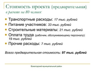 Стоимость проекта  (предварительная) в расчете на 80 человек Транспортные расходы:  17 тыс. рублей Питание участников:  33 тыс. рублей Строительные материалы:  21 тыс. рублей Оплата труда  (рабочим, обслуживающему персоналу):   19 тыс. рублей Прочие расходы:  7 тыс. рублей Всего предварительная стоимость:  97 тыс. рублей Вожегодский муниципальный район 