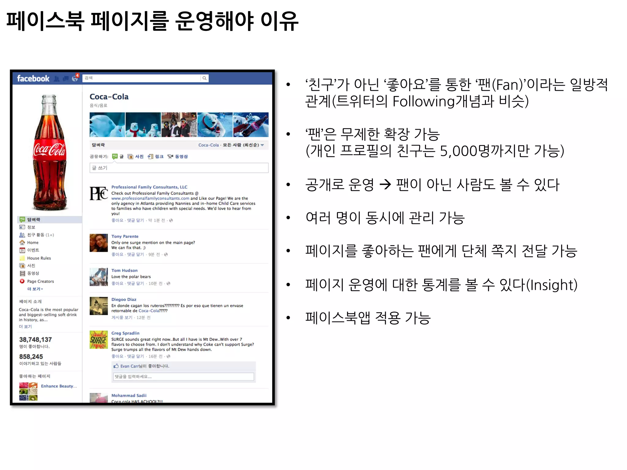 페이스북페이지를운영해야이유

                                                 •  ‘친구’가아닌‘좋아요’를통한‘팬(Fan)’이라는일방적
                                                    관계(트위터의Following개념과비슷)

                                                 •  ‘팬’은무제한확장가능
                                                    (개인프로필의친구는5,000명까지만가능)

                                                 •  공개로운영à팬이아닌사람도볼수있다

                                                 •  여러명이동시에관리가능

                                                 •  페이지를좋아하는팬에게단체쪽지전달가능

                                                 •  페이지운영에대한통계를볼수있다(Insight)

                                                 •  페이스북앱적용가능
 
