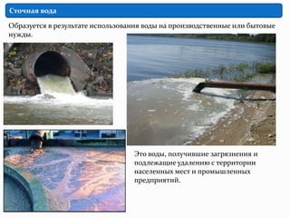 Сточная вода

Образуется в результате использования воды на производственные или бытовые
нужды.




                                  Это воды, получившие загрязнения и
                                  подлежащие удалению с территории
                                  населенных мест и промышленных
                                  предприятий.
 