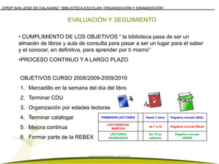 CPEIP SAN JOSE DE CALASANZ “ BIBLIOTECA ESCOLAR: ORGANIZACIÓN Y DINAMIZACIÓN”


                               EVALUACIÓN Y SEGUIMIENTO

       • CUMPLIMIENTO DE LOS OBJETIVOS “ la biblioteca pasa de ser un
       almacén de libros y aula de consulta para pasar a ser un lugar para el saber
       y el conocer, en definitiva, para aprender por ti mismo”
       •PROCESO CONTINUO Y A LARGO PLAZO


        OBJETIVOS CURSO 2008/2009-2009/2010
        1. Mercadillo en la semana del día del libro
        2. Terminar CDU
        3. Organización por edades lectoras
        4. Terminar catalogar                  PRIMEROS LECTORES    Hasta 7 años   Pegatina circular AZUL

                                                   LECTORES EN
        5. Mejora continua                           MARCHA
                                                                     de 7 a 10     Pegatina circular ROJA

                                                     LECTORES         De 10 en       Pegatina circular
        6. Formar parte de la REBEX                 AVANZADOS         adelante           VERDE




                                        CEIP SAN JOSÉ DE CALASANZ
 