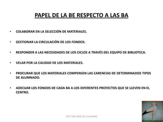 PAPEL DE LA BE RESPECTO A LAS BA

•   COLABORAR EN LA SELECCIÓN DE MATERIALES.

•   GESTIONAR LA CIRCULACIÓN DE LOS FONDOS.

•   RESPONDER A LAS NECESIDADES DE LOS CICLOS A TRAVÉS DEL EQUIPO DE BIBLIOTECA.

•   VELAR POR LA CALIDAD DE LOS MATERIALES.

•   PROCURAR QUE LOS MATERIALES COMPENSEN LAS CARENCIAS DE DETERMINADOS TIPOS
    DE ALUMNADO.

•   ADECUAR LOS FONDOS DE CADA BA A LOS DIFERENTES PROYECTOS QUE SE LLEVEN EN EL
    CENTRO.




                                 CEIP SAN JOSÉ DE CALASANZ
 