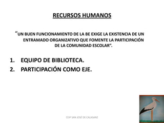 RECURSOS HUMANOS

 “UN BUEN FUNCIONAMIENTO DE LA BE EXIGE LA EXISTENCIA DE UN
    ENTRAMADO ORGANIZATIVO QUE FOMENTE LA PARTICIPACIÓN
                DE LA COMUNIDAD ESCOLAR”.


1. EQUIPO DE BIBLIOTECA.
2. PARTICIPACIÓN COMO EJE.




                       CEIP SAN JOSÉ DE CALASANZ
 